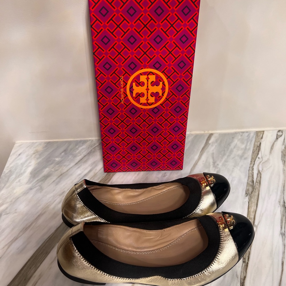 Tory Burch Jolie Ballet Flats , Size 6.5 , Black/Metallic Gold